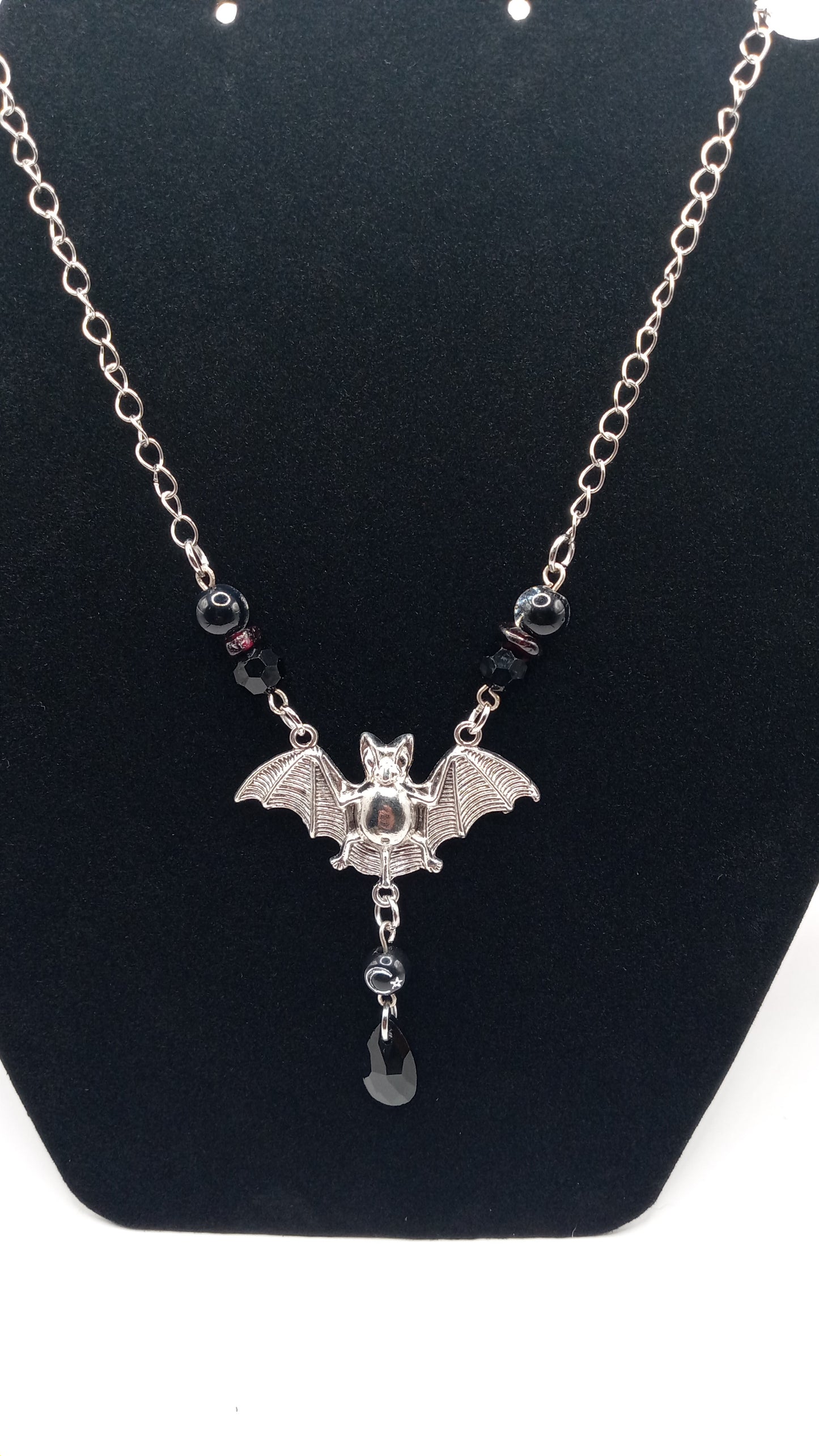 Sacred Moon Candle Co gothic bat jewelry set necklace with silver bat pendant and black beads