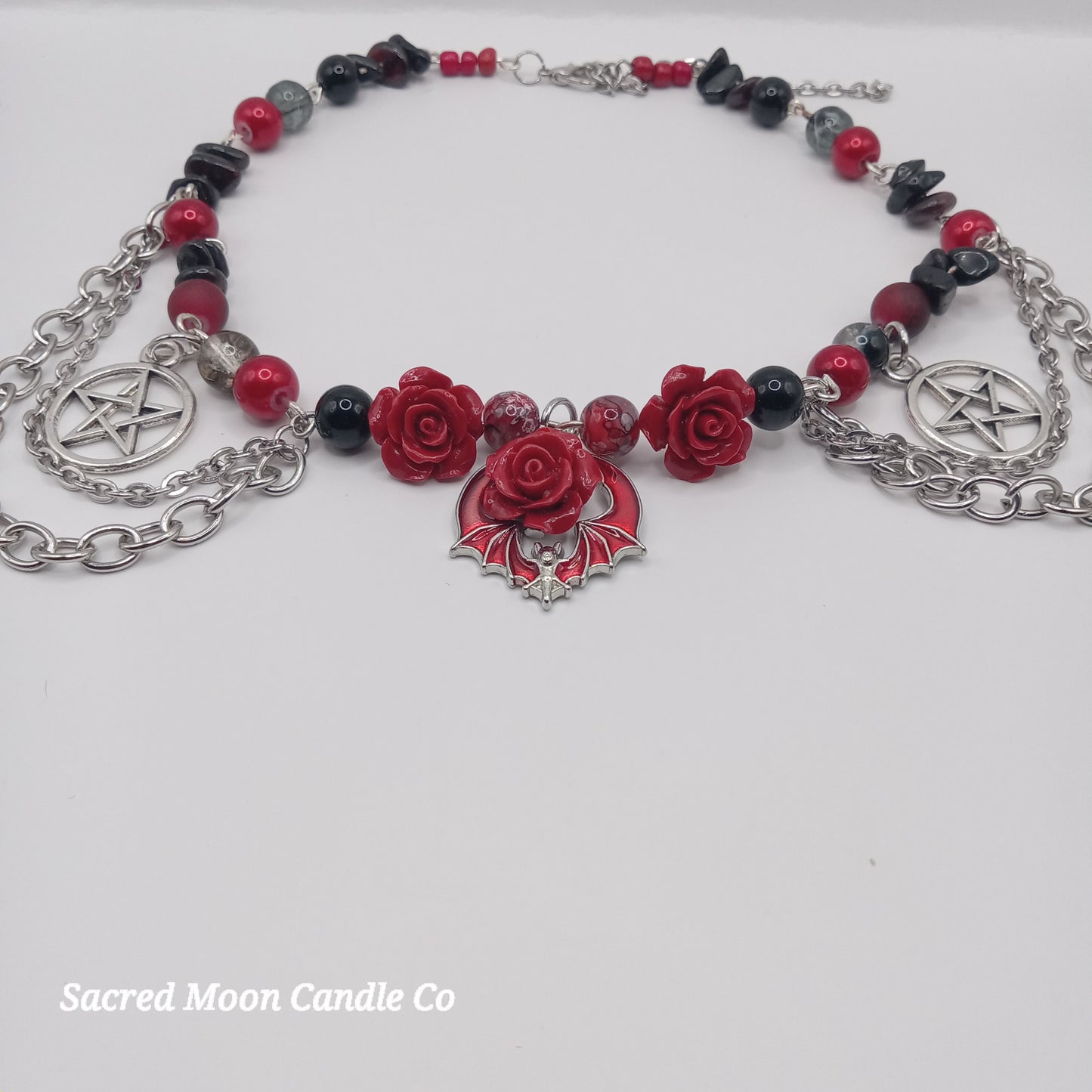Handmade rose bat choker with red roses silver bat pendant black and red beads and chains