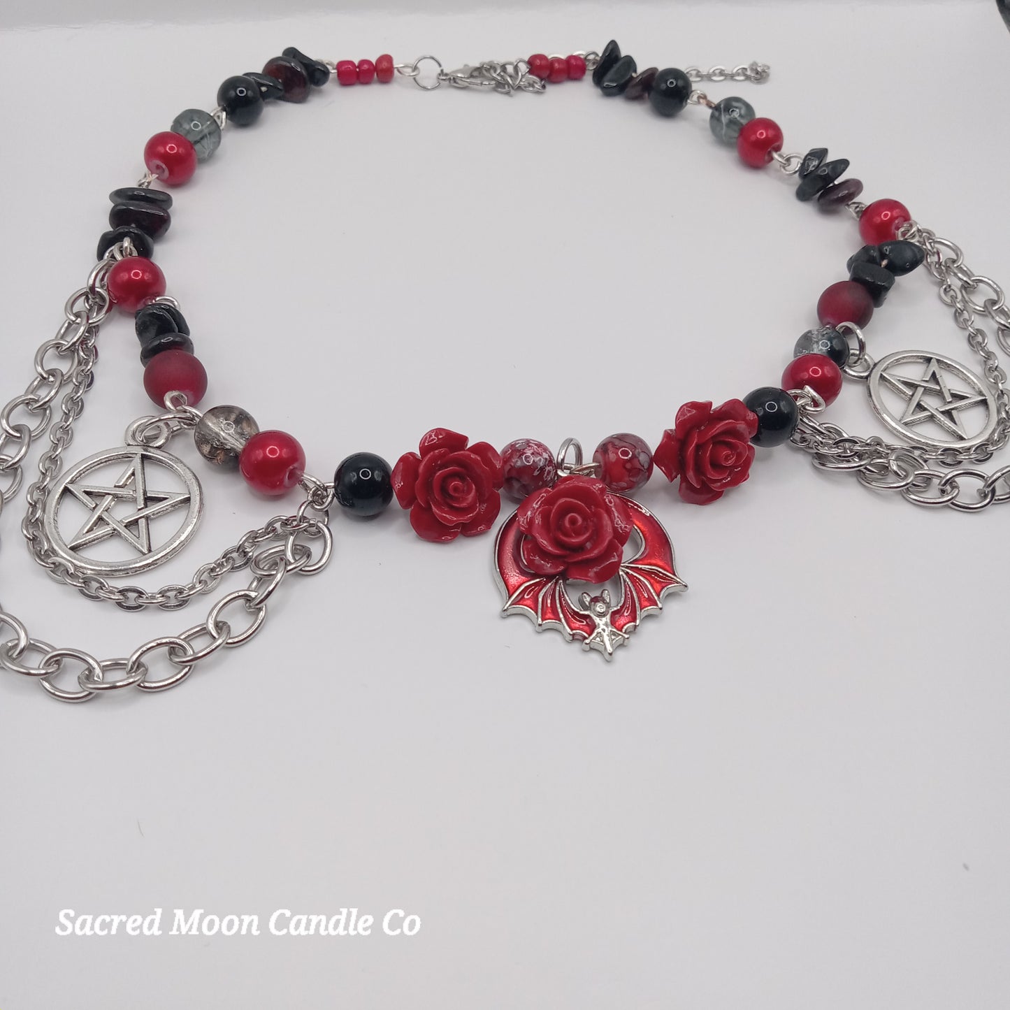 Handmade rose bat choker necklace with red roses black and red beads and silver pentagram charms