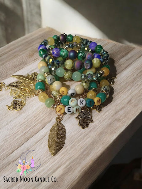 So fking zen affirmation bracelet by Sacred Moon Candle Co with multicolor beads and gold charms