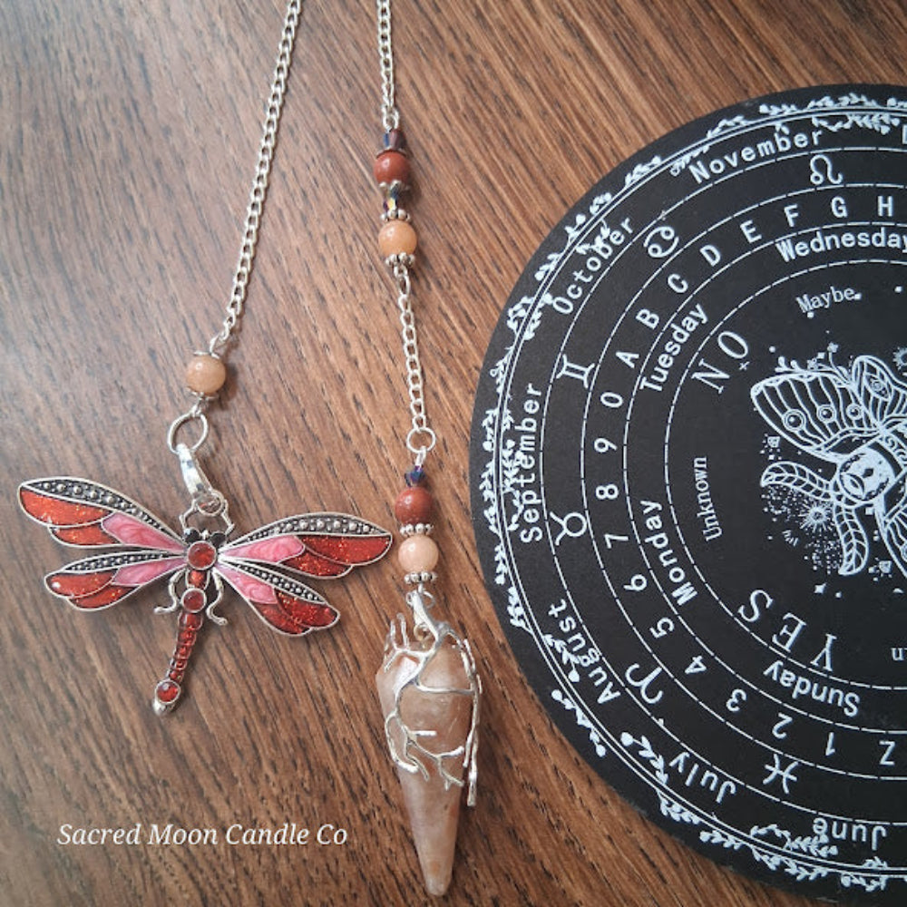 Sunstone dragonfly pendulum for divination with silver chain and beads by Sacred Moon Candle Co