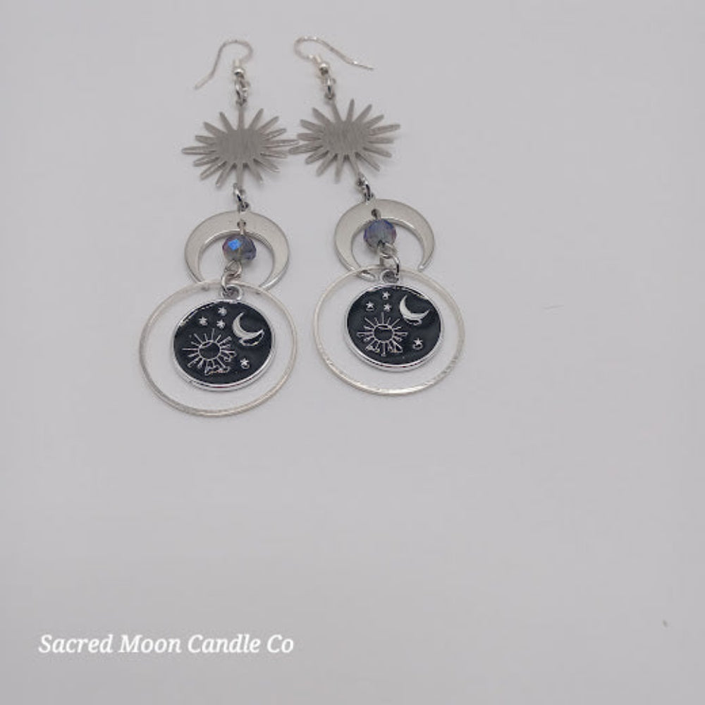 Sacred Moon Candle Co celestial earrings for women with sun and moon charm in silver tone