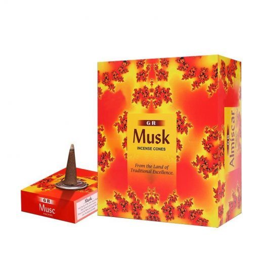 Sacred Moon Candle Co safflower musk incense cones with vibrant red and yellow packaging and a single cone on a holder