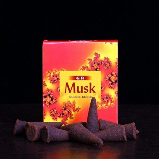 Sacred Moon Candle Co safflower musk incense cones with bright red and yellow box and dark brown cones