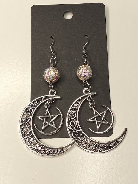 Sacred Moon Candle Co witchy pentacle moon silver crescent earrings with decorative bead accents