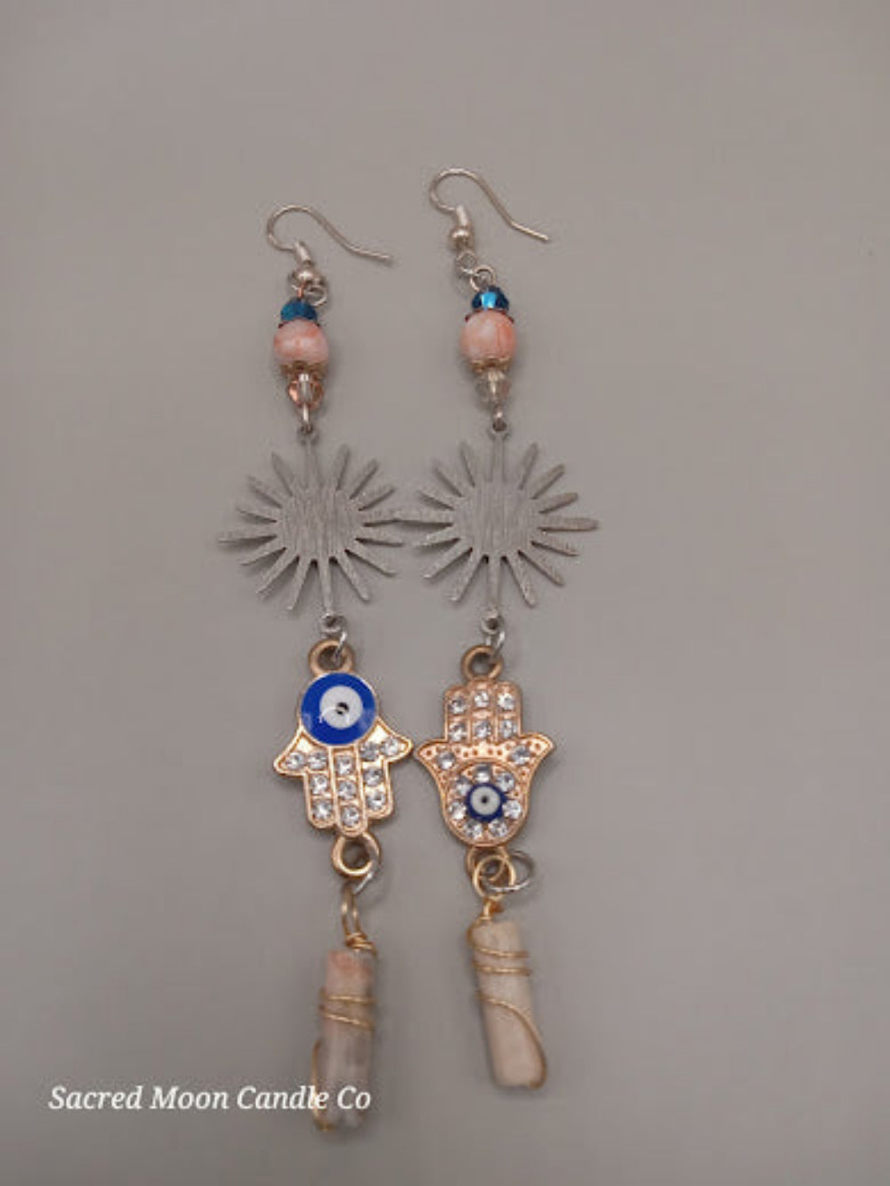 Sunburst Hamsa evil eye earrings with beads and stone pendants by Sacred Moon Candle Co