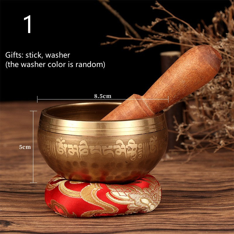 Tibetan Buddha mantra bowl with wooden stick and red cushion by Sacred Moon Candle Co for altar tools