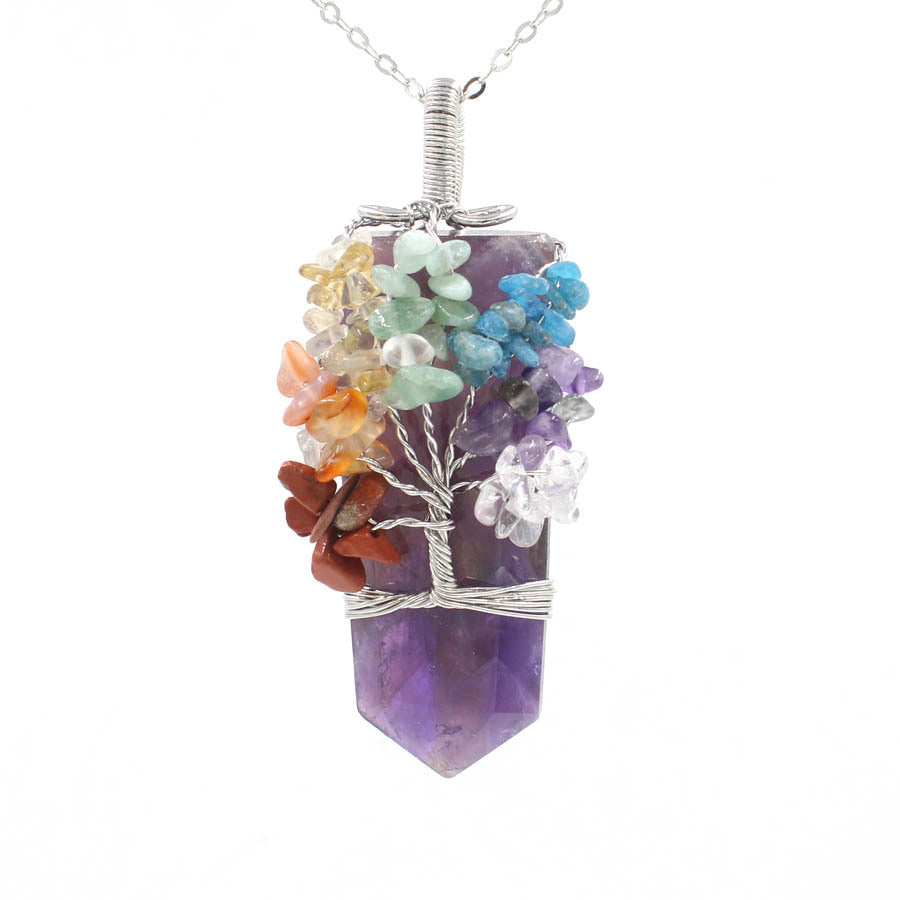 Sacred Moon Candle Co tree of life crystal necklace with multicolor gemstone chips and amethyst pendant