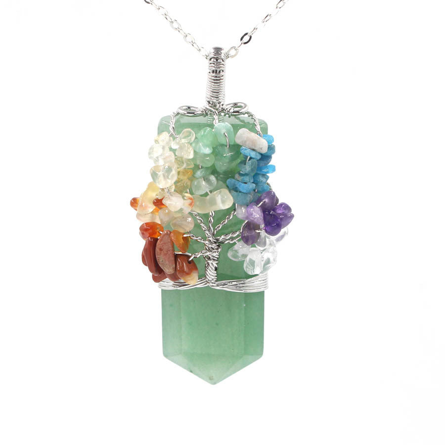 Tree of life crystal necklace with multicolor gemstone chips and green crystal pendant