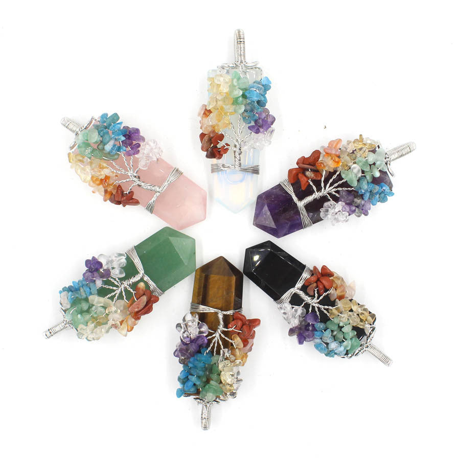 Sacred Moon Candle Co bracelet stacks featuring colorful tree of life crystal necklace pendants in varied gemstones