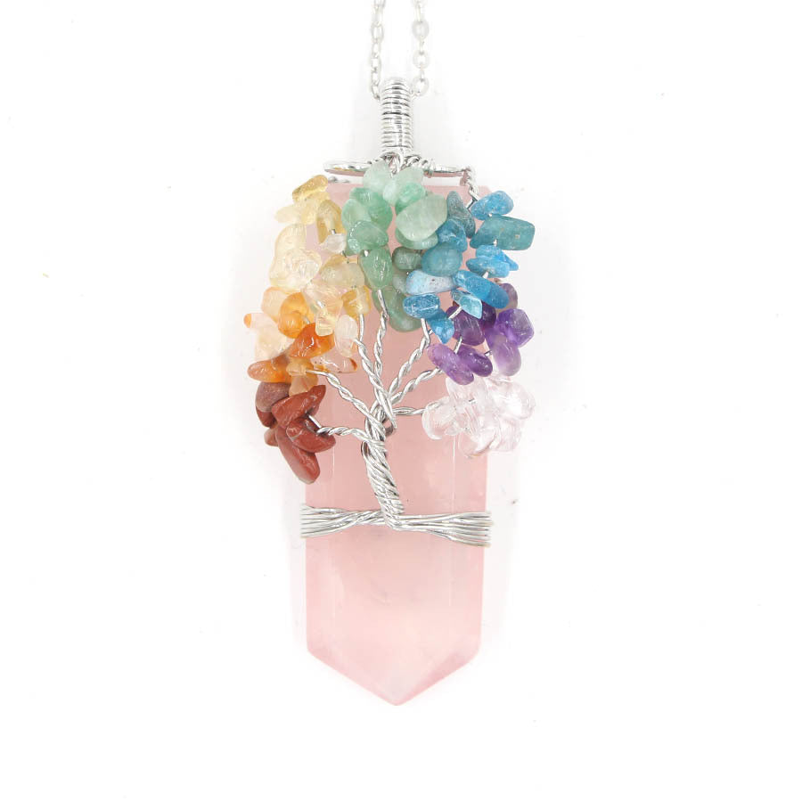 Sacred Moon Candle Co tree of life crystal necklace with multicolor crystals on pink pendant