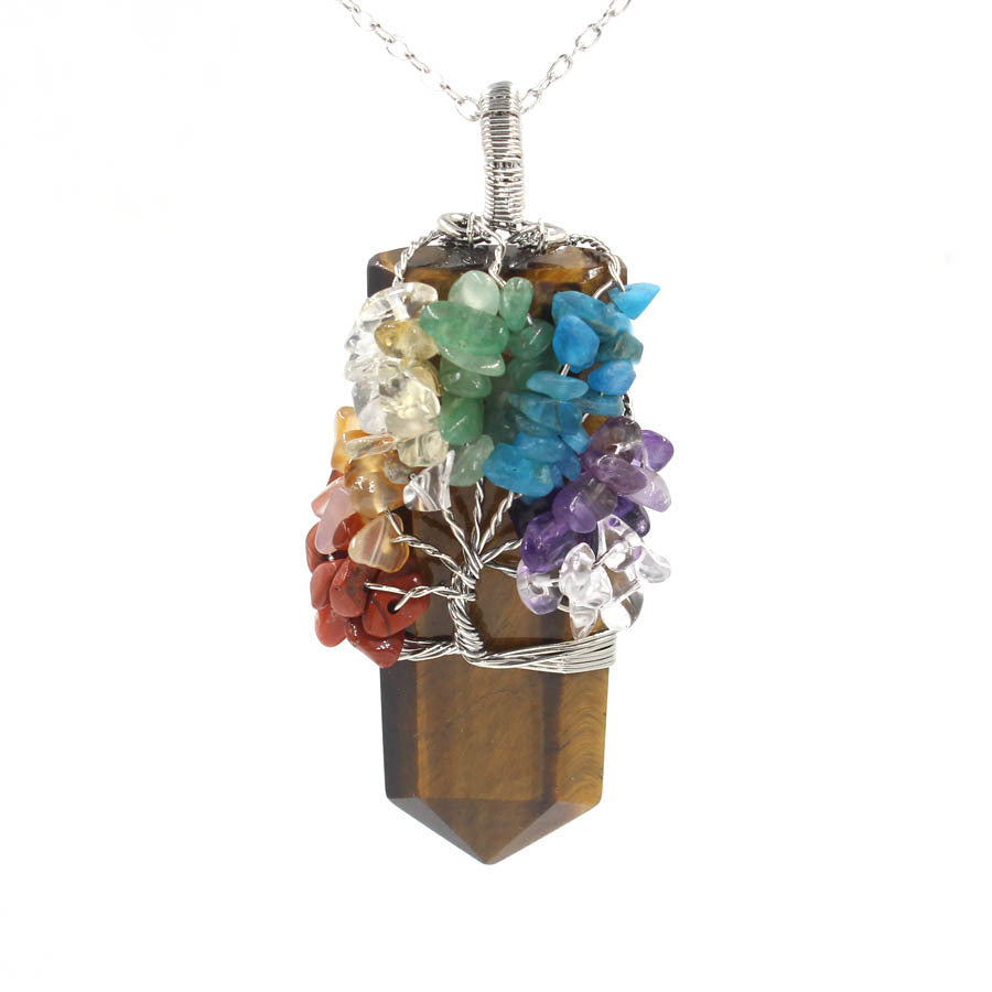Sacred Moon Candle Co tree of life crystal necklace with multicolor gemstone chips and tiger eye pendant