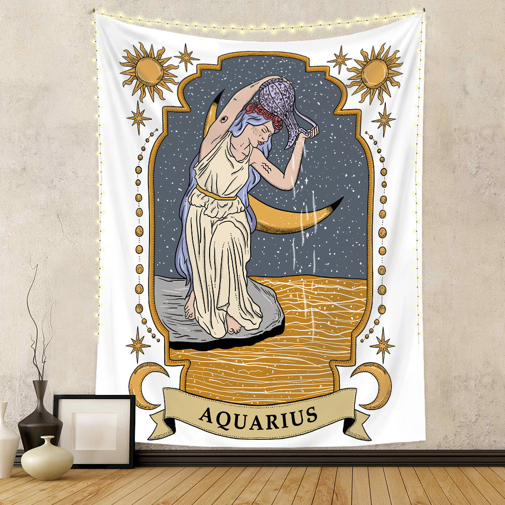 Sacred Moon Candle Co zodiac tapestry wall hanging featuring Aquarius design with celestial sun and moon elements