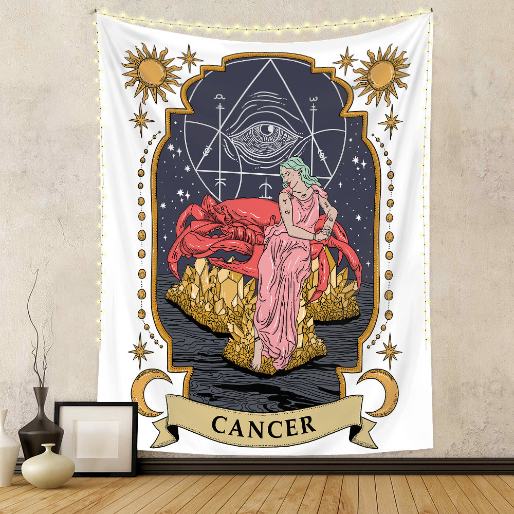 Sacred Moon Candle Co zodiac tapestry wall hanging featuring Cancer sign with a crab and woman in pink dress
