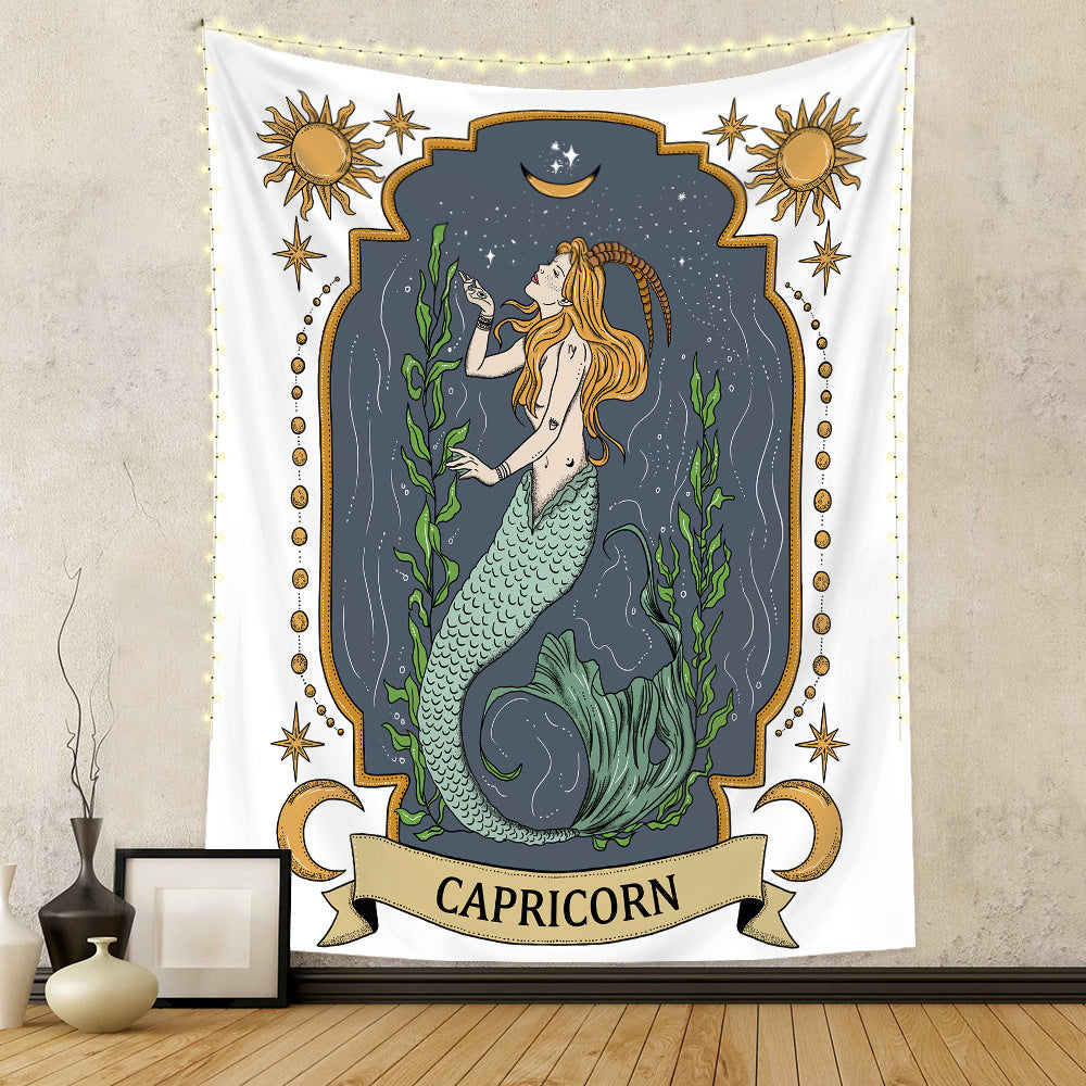Sacred Moon Candle Co Capricorn zodiac tapestry wall hanging with mermaid and celestial design