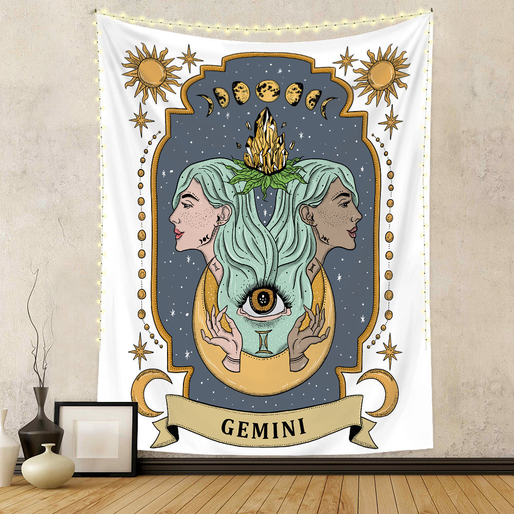 Zodiac tapestry wall hanging featuring Gemini zodiac sign with dual faces and celestial design by Sacred Moon Candle Co