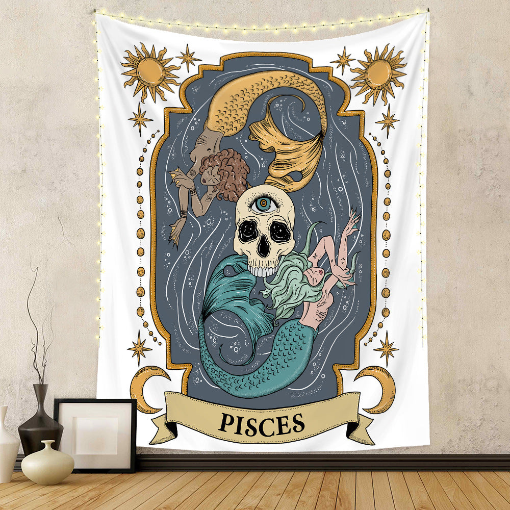 Pisces zodiac tapestry wall hanging with mystical mermaid design and celestial sun and moon accents