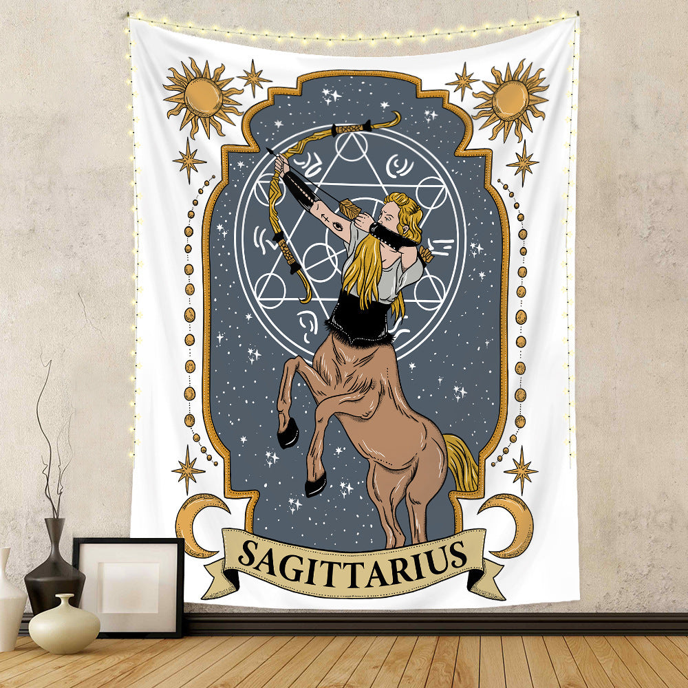 Sagittarius zodiac tapestry wall hanging by Sacred Moon Candle Co featuring archer centaur design with celestial background