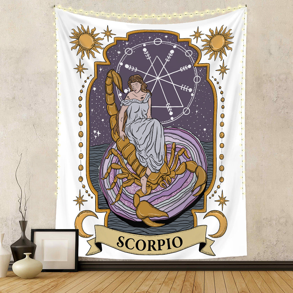 Scorpio zodiac tapestry wall hanging with celestial design and woman on scorpion by Sacred Moon Candle Co