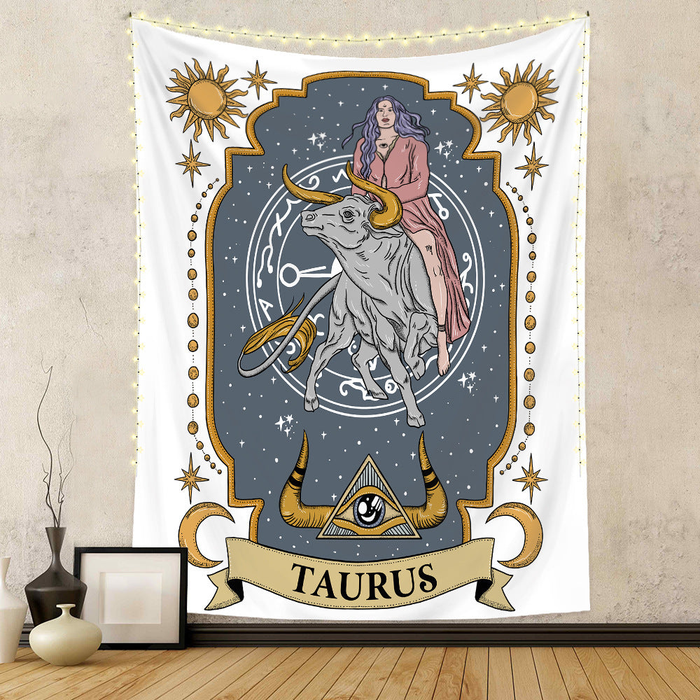 Zodiac tapestry wall hanging featuring Taurus sign with bull and celestial design from Sacred Moon Candle Co