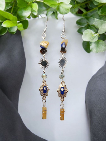 Yellow Aventurine, Lapis Lazuli, and Tigers Eye Sunburst Hamsa Hand Earrings