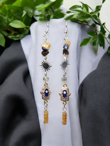 Yellow Aventurine, Lapis Lazuli, and Tigers Eye Sunburst Hamsa Hand Earrings