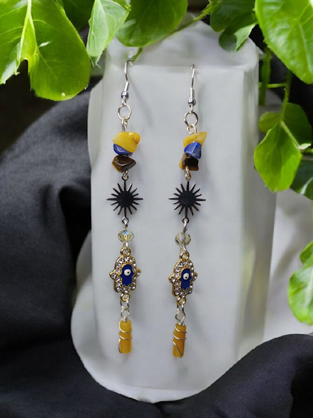 Yellow Aventurine, Lapis Lazuli, and Tigers Eye Sunburst Hamsa Hand Earrings
