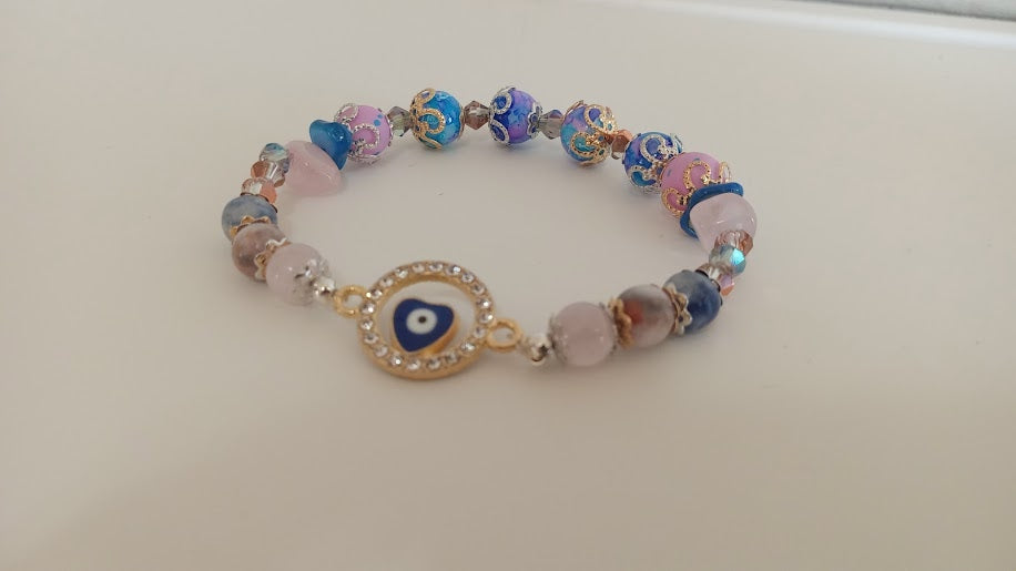 Pink and Blue Stackable Evil Eye Charm Bracelet With Round Heart