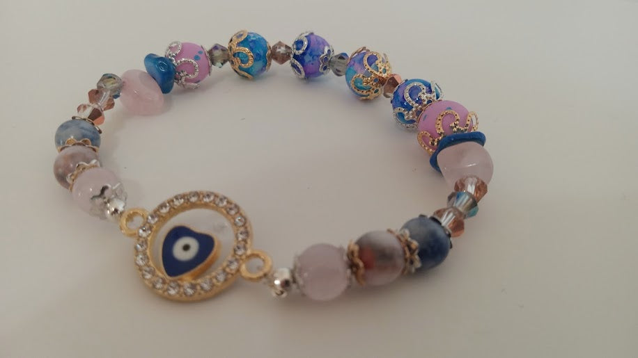 Pink and Blue Stackable Evil Eye Charm Bracelet With Round Heart