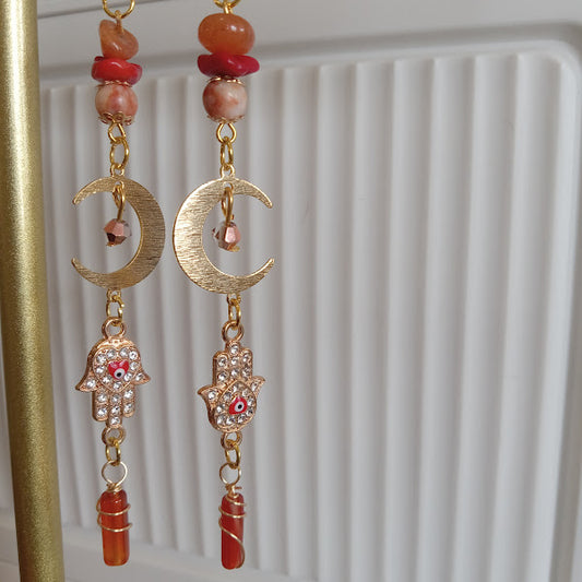 Tarnish Free Gold Plated Moon Earrings With Eye-Catching Rhinestone Hamsa Hand and Evil Eye Charms, Sunstone, Red Agate, Redline Jasper, and Wire Wrapped Carnelian