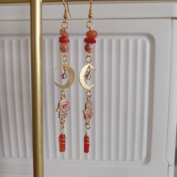 Tarnish Free Gold Plated Moon Earrings With Eye-Catching Rhinestone Hamsa Hand and Evil Eye Charms, Sunstone, Red Agate, Redline Jasper, and Wire Wrapped Carnelian