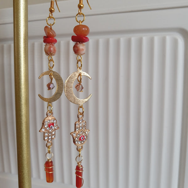 Tarnish Free Gold Plated Moon Earrings With Eye-Catching Rhinestone Hamsa Hand and Evil Eye Charms, Sunstone, Red Agate, Redline Jasper, and Wire Wrapped Carnelian