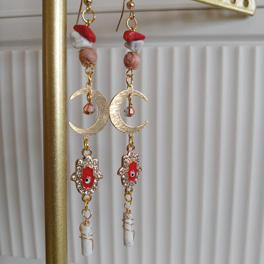 Tarnish Free Gold Plated Moon Earrings With Eye-Catching Rhinestone Hamsa Hand and Evil Eye Charms, Red Agate, Howlite,  Redline Jasper, and Wire Wrapped Howlite