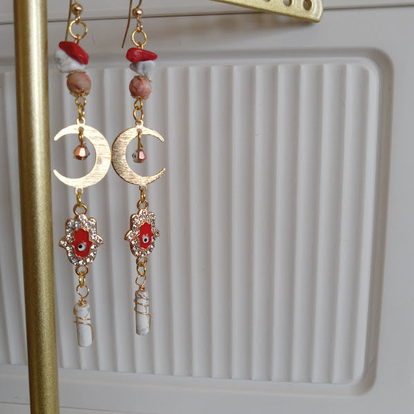 Tarnish Free Gold Plated Moon Earrings With Eye-Catching Rhinestone Hamsa Hand and Evil Eye Charms, Red Agate, Howlite,  Redline Jasper, and Wire Wrapped Howlite