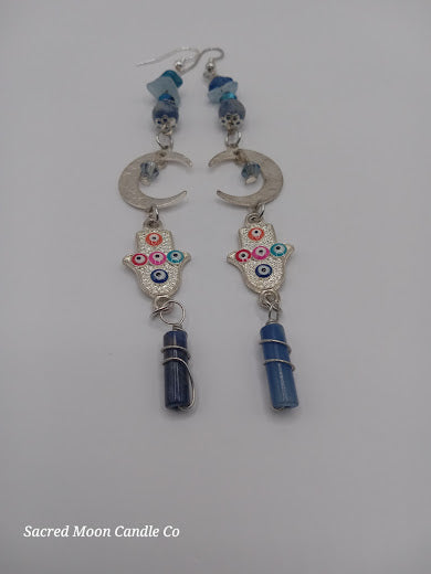 Brass Silver Plated Crescent Moon Earrings With Multicolored Evil Eye Charms