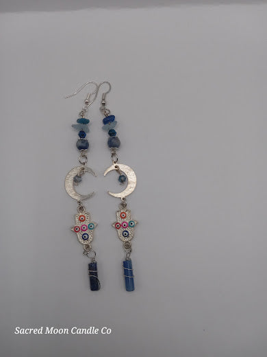 Brass Silver Plated Crescent Moon Earrings With Multicolored Evil Eye Charms