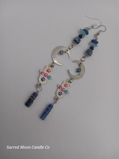 Brass Silver Plated Crescent Moon Earrings With Multicolored Evil Eye Charms