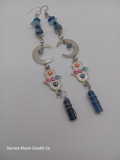 Brass Silver Plated Crescent Moon Earrings With Multicolored Evil Eye Charms