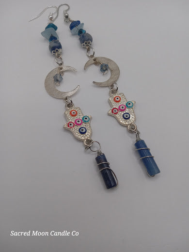 Brass Silver Plated Crescent Moon Earrings With Multicolored Evil Eye Charms