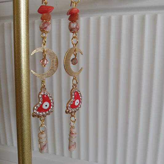 Tarnish Free Gold Plated "Ten Toes Down" Crescent Moon Earrings with Sunstone, Red Agate, and Redline Jasper