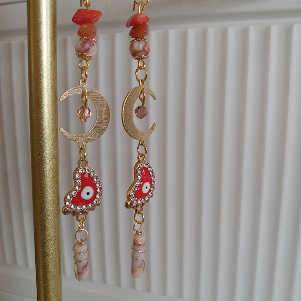 Tarnish Free Gold Plated "Ten Toes Down" Crescent Moon Earrings with Sunstone, Red Agate, and Redline Jasper