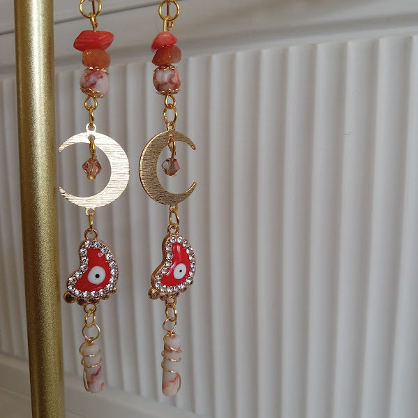 Tarnish Free Gold Plated "Ten Toes Down" Crescent Moon Earrings with Sunstone, Red Agate, and Redline Jasper