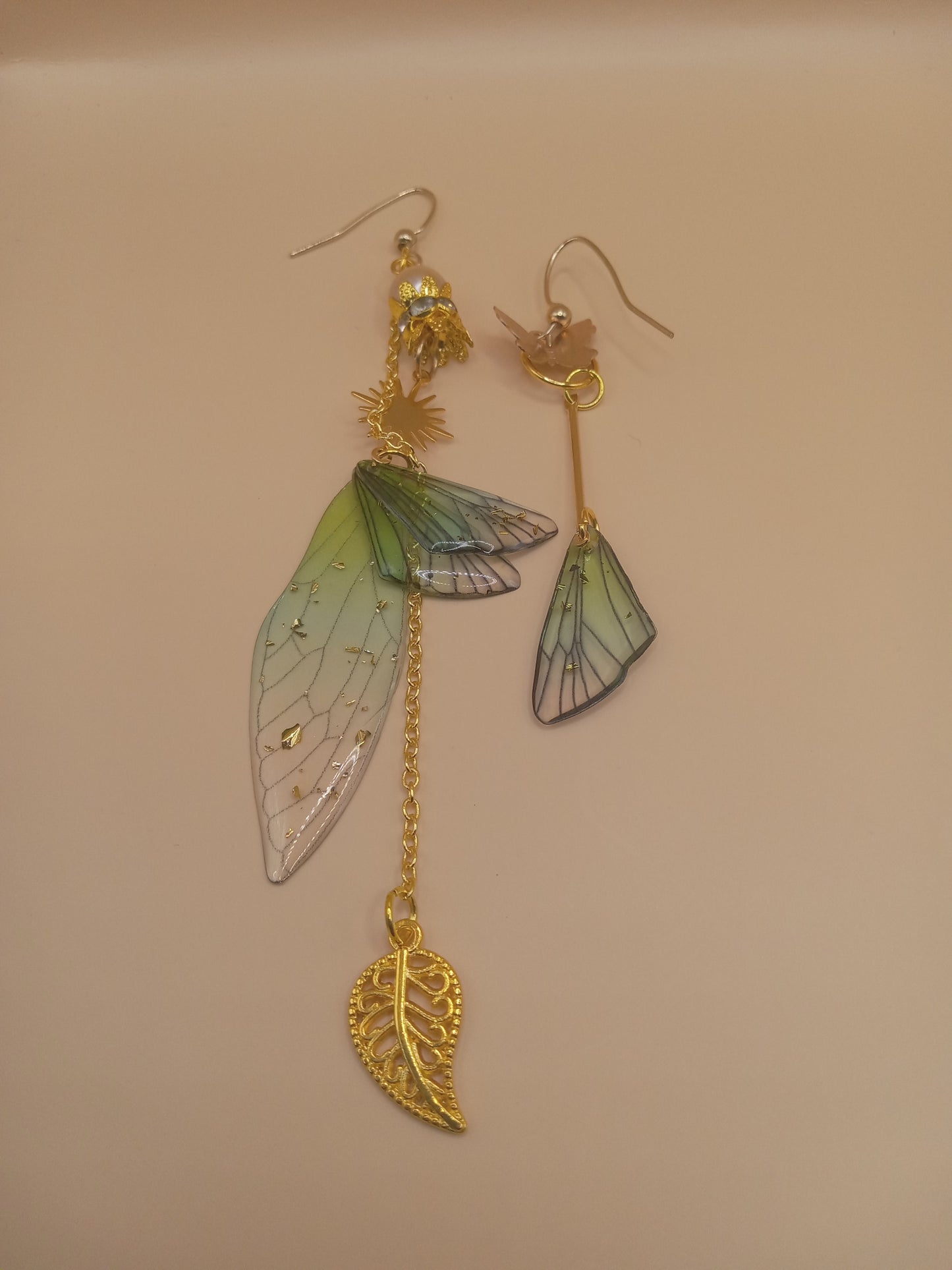 Irregular Green Fairy Wing Dangle Earrings