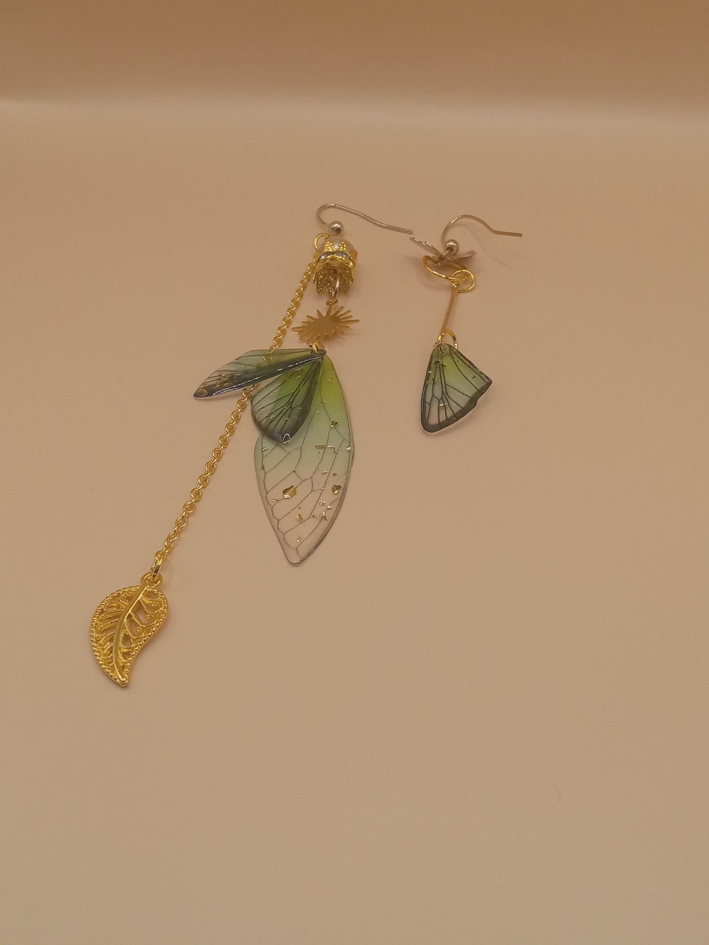 Irregular Green Fairy Wing Dangle Earrings