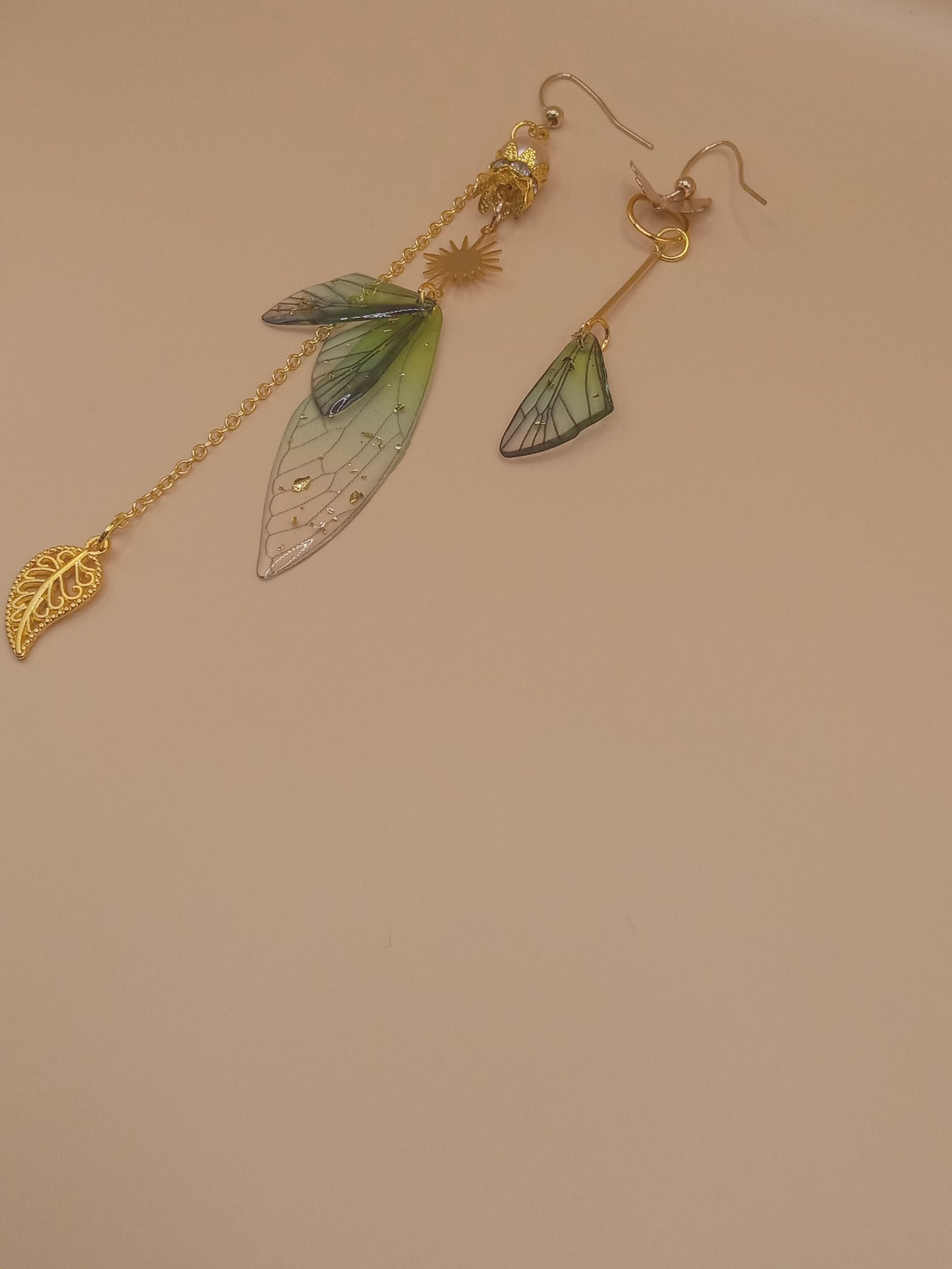 Irregular Green Fairy Wing Dangle Earrings