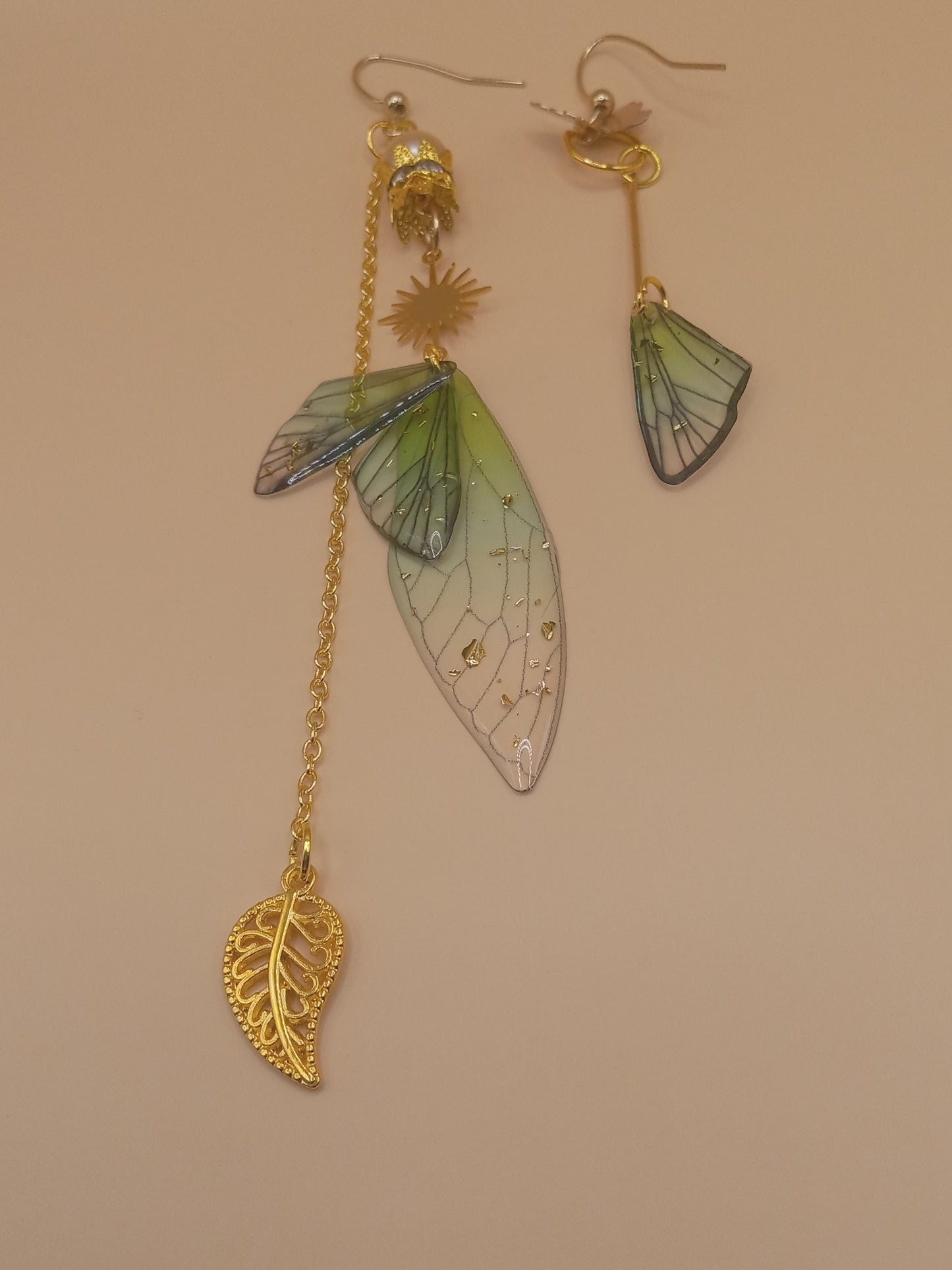 Irregular Green Fairy Wing Dangle Earrings