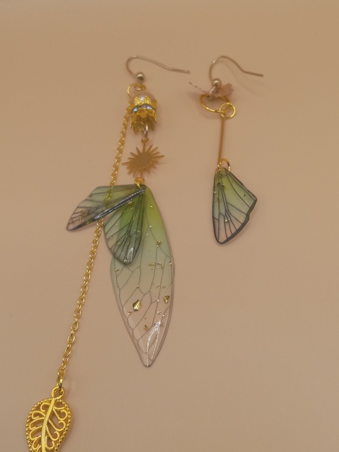 Irregular Green Fairy Wing Dangle Earrings