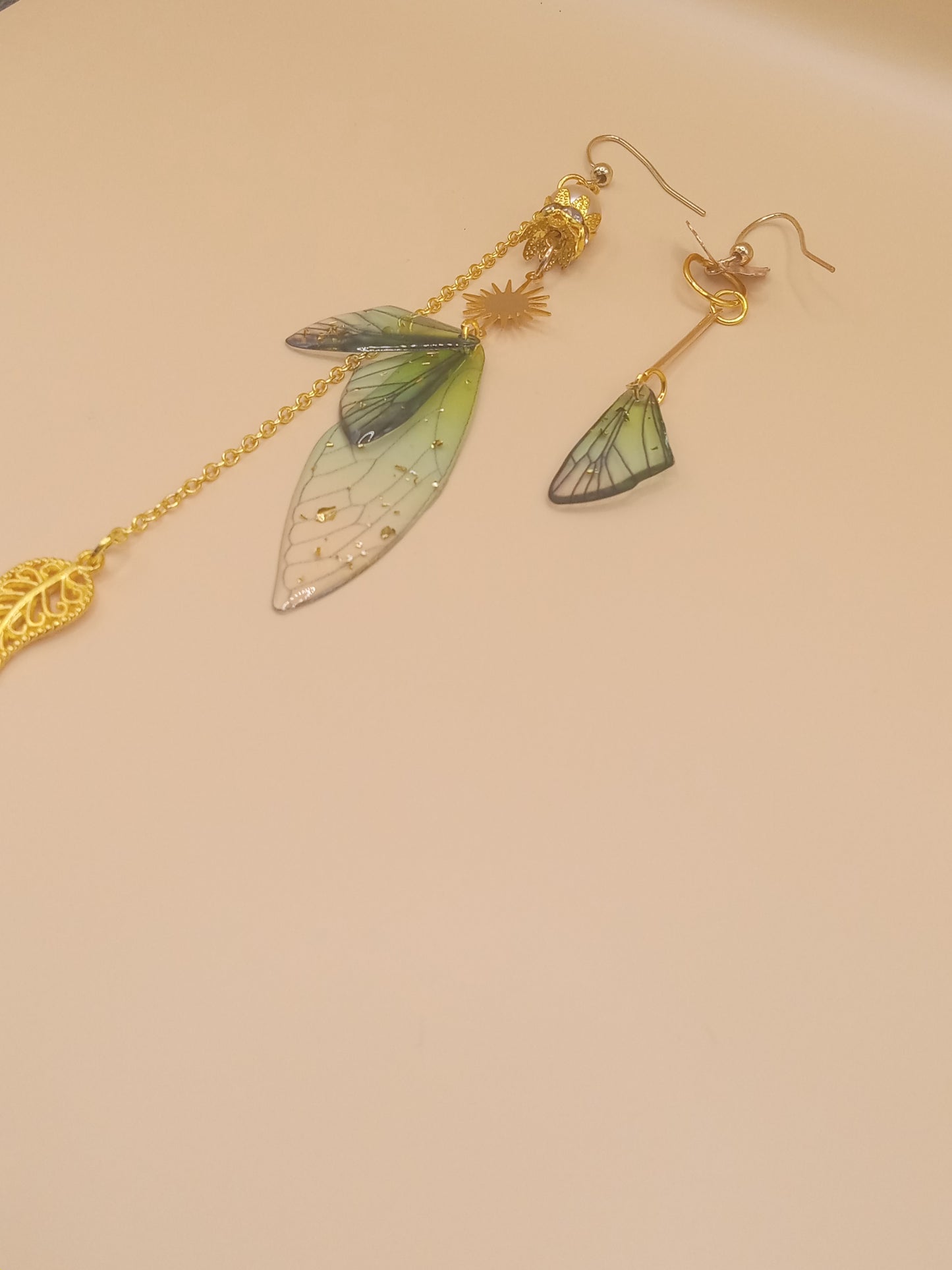 Irregular Green Fairy Wing Dangle Earrings