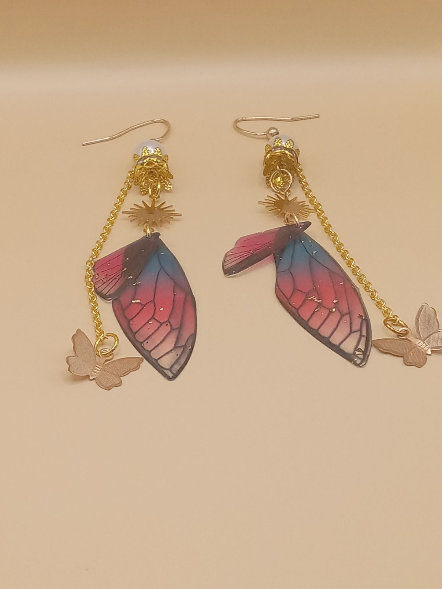 Blue and Magenta Fairy Wing Dangle Earrings