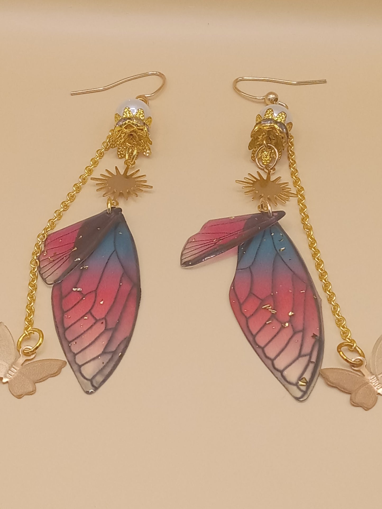 Blue and Magenta Fairy Wing Dangle Earrings